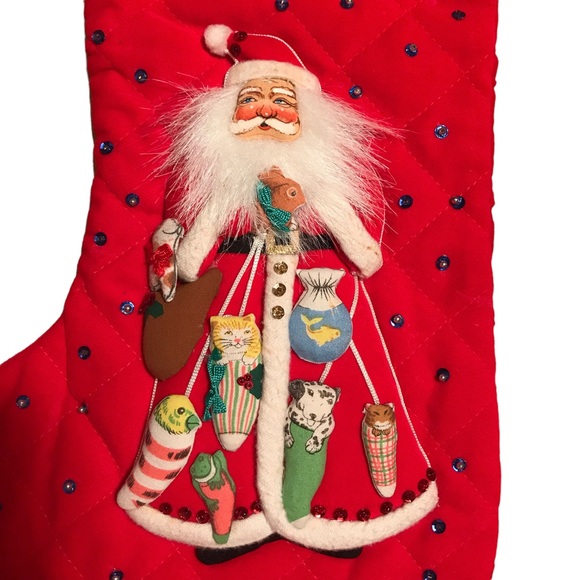 Vintage Quilted Sequin Santa Animals Pets Christmas Stocking Fur Cuff 18" Kitsch - Picture 8 of 14